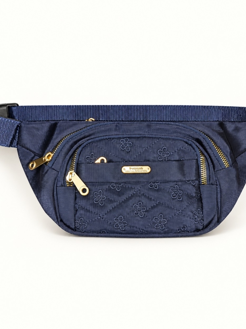 Fashion Classics Navy Blue Floral Jacquard Waist Bag Fanny Pack Gold Tone Zipper